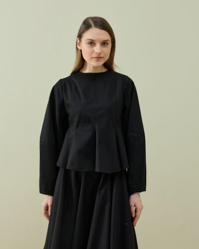 Paper Gabardin Kuplu Volanlı Peplum Kısa Bluz Siyah 