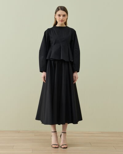 Paper Gabardin Kuplu Volanlı Peplum Kısa Bluz Siyah - Aybikestil (1)