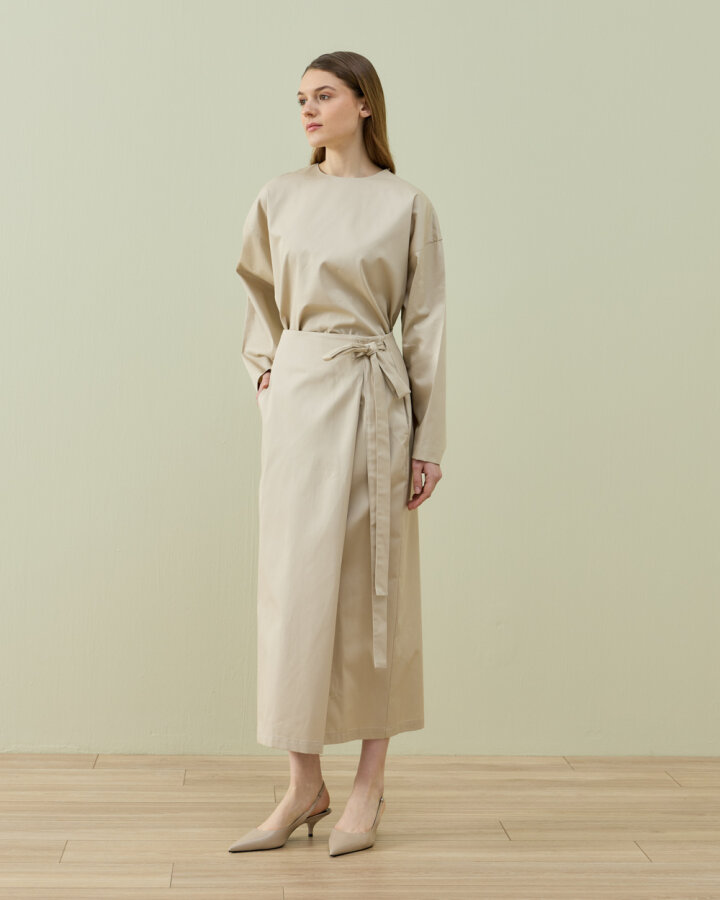 Paper Gabardin Önden Kapaklı Bağlamalı Etek Bej - Aybikestil (1)