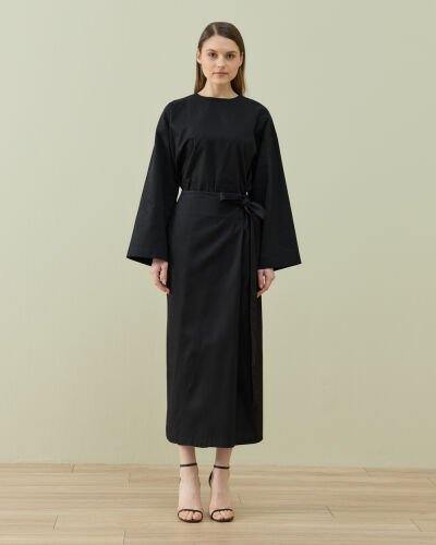 Paper Gabardin Önden Kapaklı Bağlamalı Etek Siyah - Aybikestil (1)