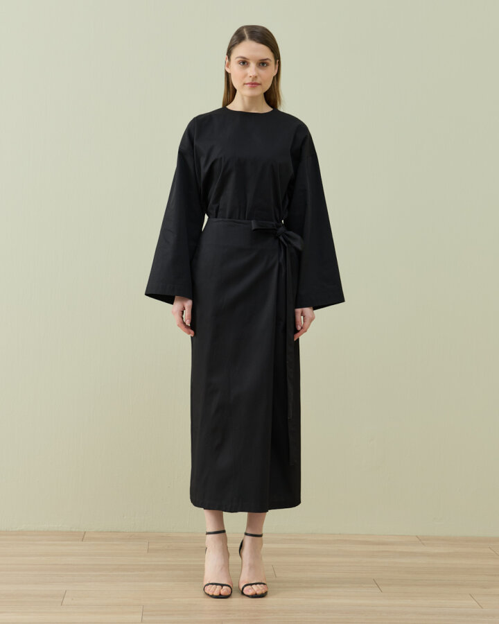 Paper Gabardin Önden Kapaklı Bağlamalı Etek Siyah - Aybikestil (1)