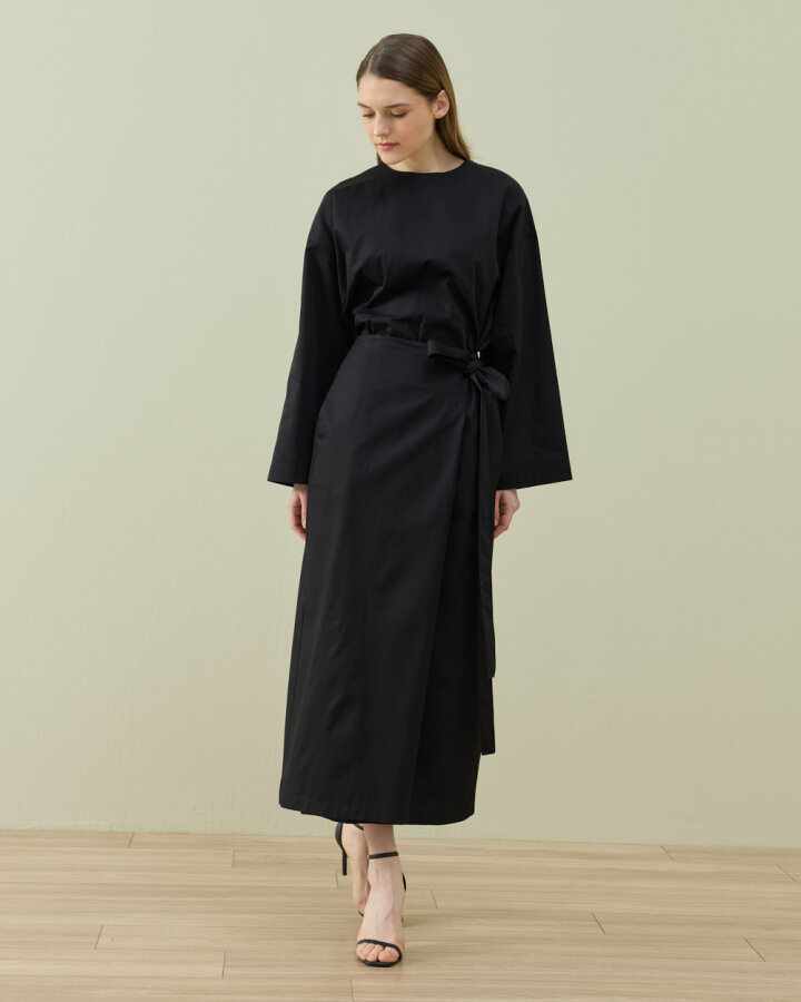 Paper Gabardin Önden Kapaklı Bağlamalı Etek Siyah - Aybikestil (1)