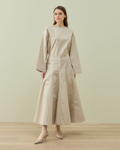 Paper Gabardin Çok Parçalı Pervazlı Etek Bej - Aybikestil (1)