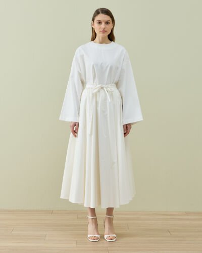 Paper Gabardin Tam Kloş Önü Patlı Etek Ekru - Aybikestil (1)