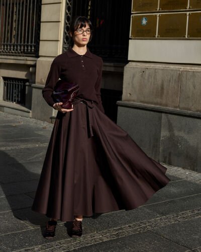 Paper Gabardin Tam Kloş Önü Patlı Etek Kahve 