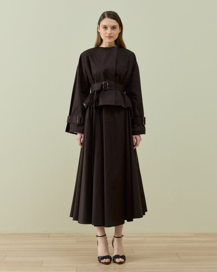 Paper Gabardin Tam Kloş Önü Patlı Etek Kahve - Aybikestil (1)