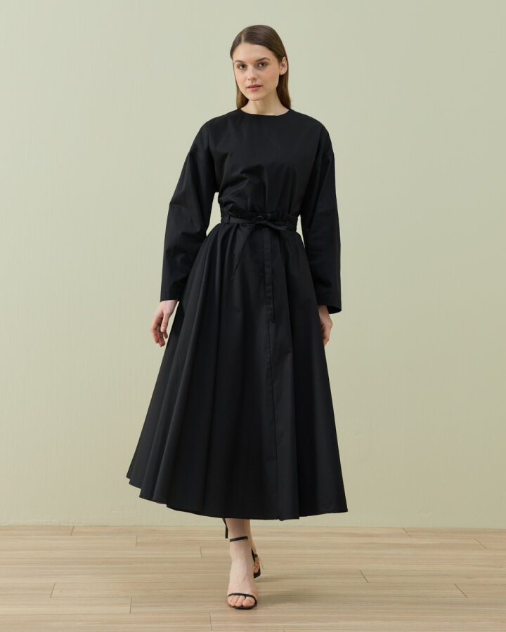 Paper Gabardin Tam Kloş Önü Patlı Etek Siyah - Aybikestil (1)