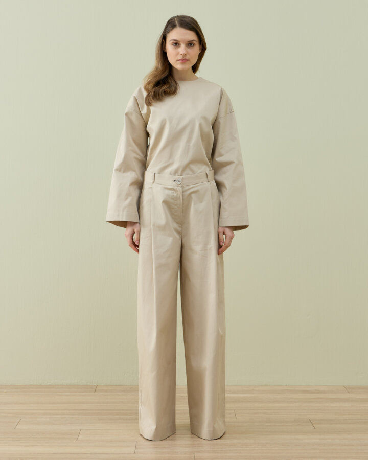 Paper Gabardin Tek Pileli Wide Leg Pantolon Bej - Aybikestil (1)