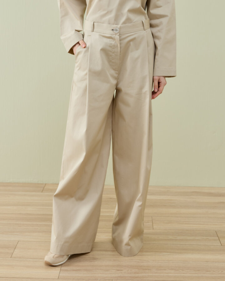 Paper Gabardin Tek Pileli Wide Leg Pantolon Bej - Aybikestil (1)