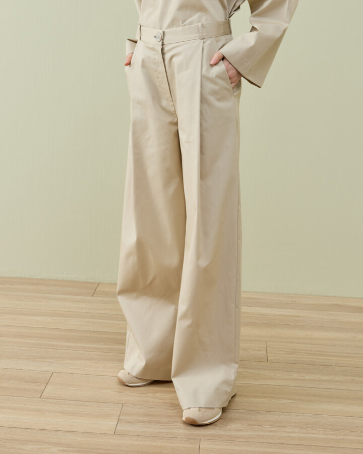 Paper Gabardin Tek Pileli Wide Leg Pantolon Bej - Aybikestil
