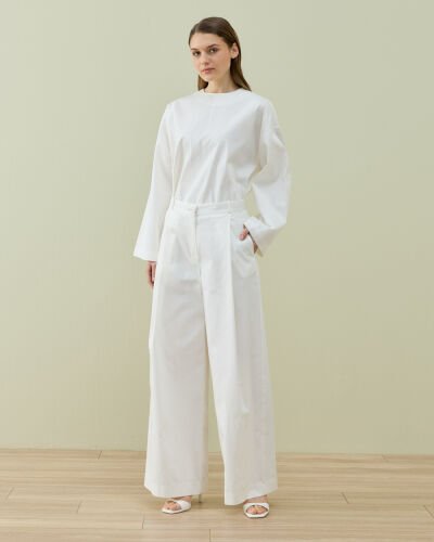 Paper Gabardin Tek Pileli Wide Leg Pantolon Ekru - Aybikestil (1)