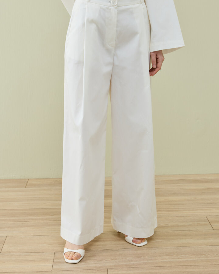Paper Gabardin Tek Pileli Wide Leg Pantolon Ekru - Aybikestil (1)