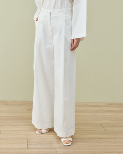 Paper Gabardin Tek Pileli Wide Leg Pantolon Ekru 