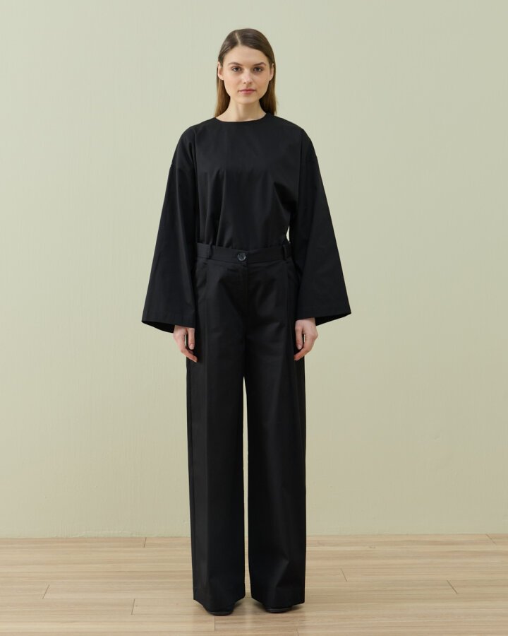 Paper Gabardin Tek Pileli Wide Leg Pantolon Siyah - Aybikestil (1)