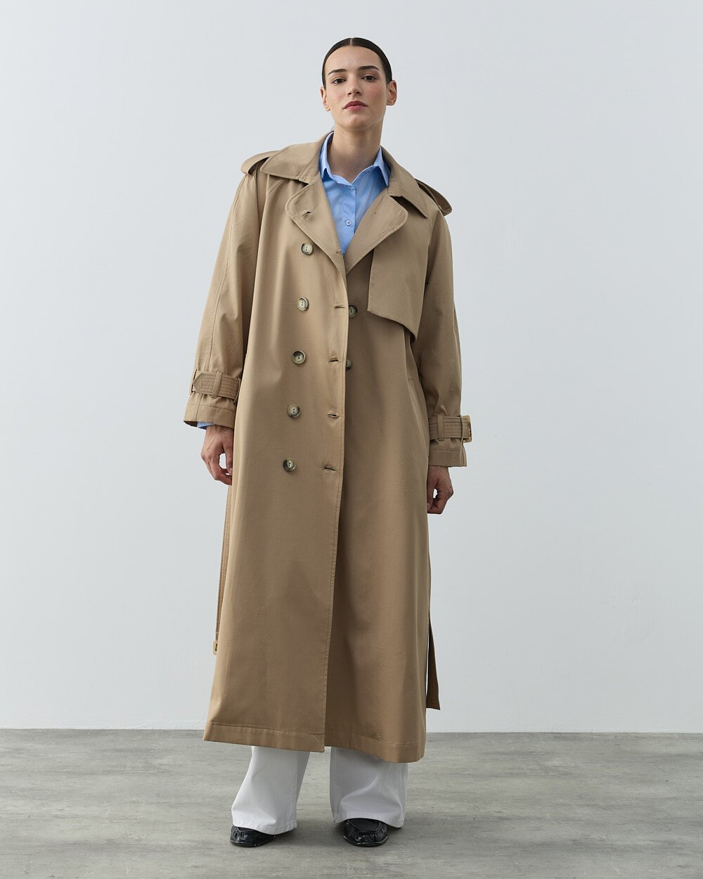 Paper Gabardin Uzun Düğmeli Allerli Klasik Trençkot Camel - Aybikestil