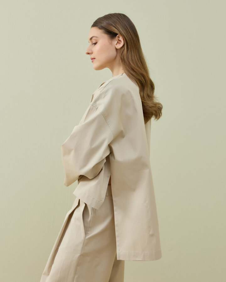 Paper Gabardin Yırtmaçlı Basic Bluz Bej