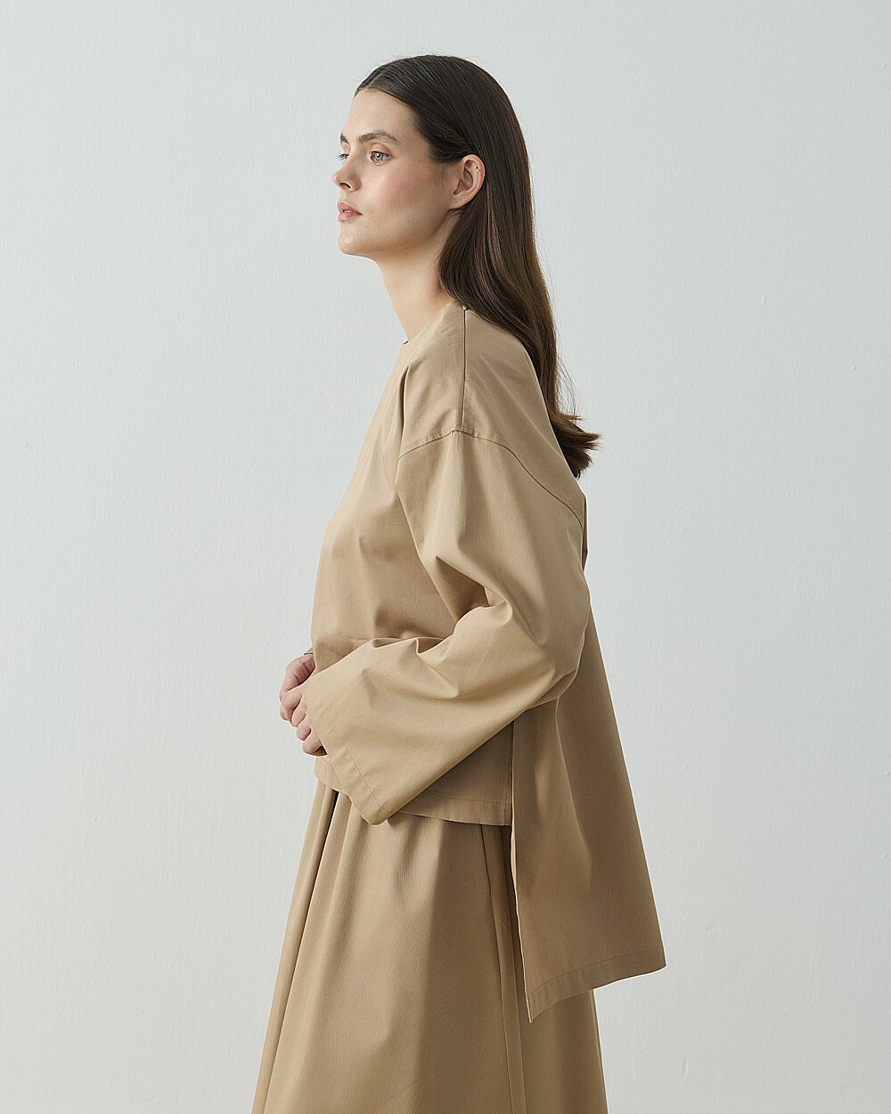 Paper Gabardin Yırtmaçlı Basic Bluz Camel - Aybikestil