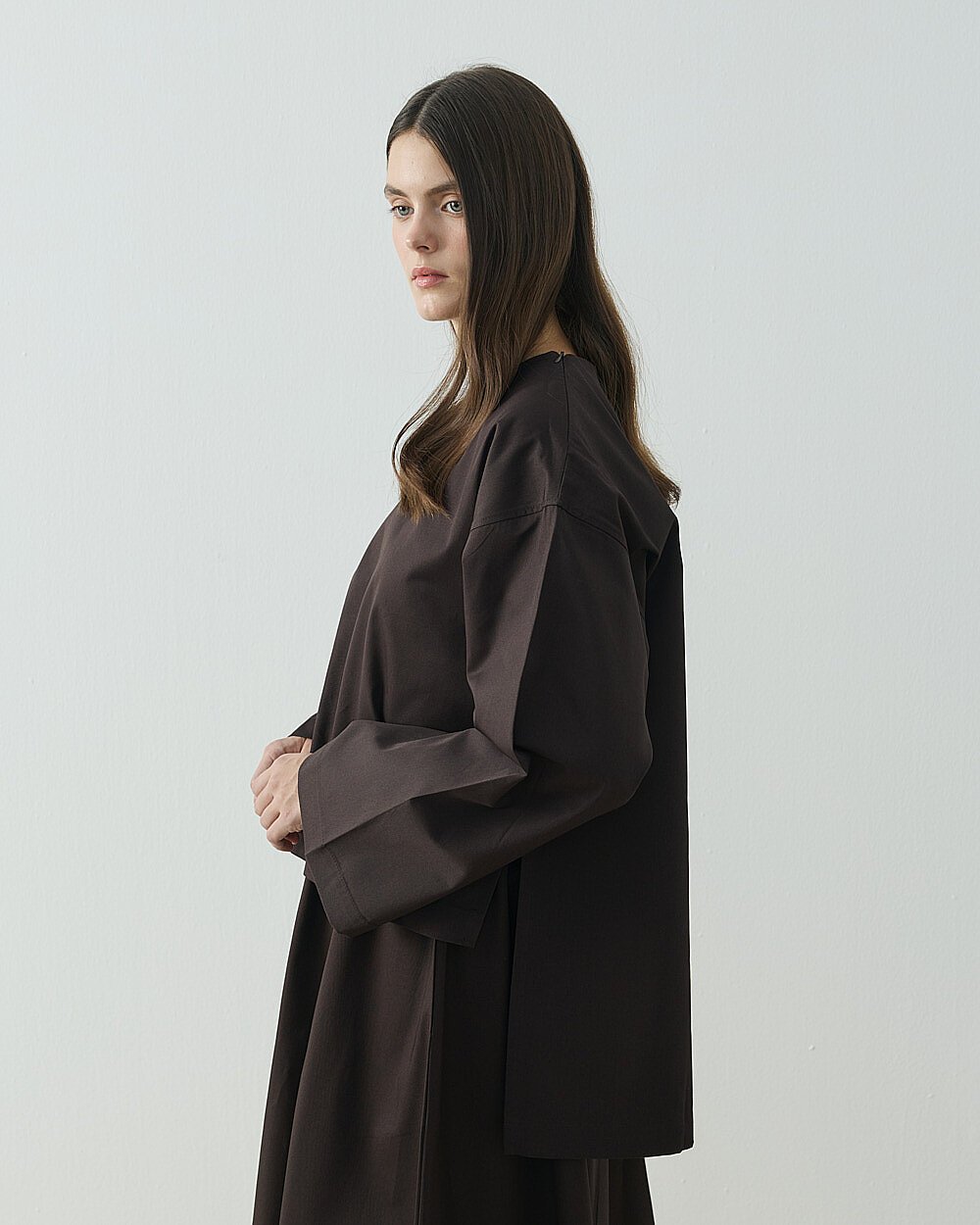 Paper Gabardin Yırtmaçlı Basic Bluz Kahve - Aybikestil