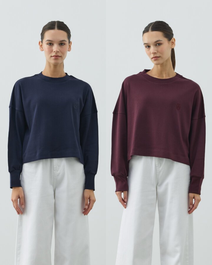 Penye İnterlok Crop Kısa Bluz 2'li Lacivert-Mürdüm