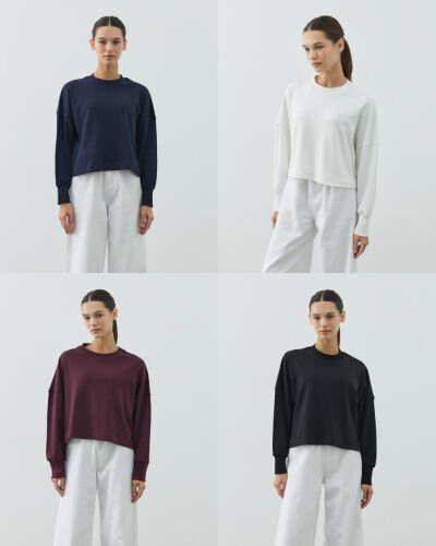 Penye İnterlok Crop Kısa Bluz 4'lü Ekru-Siyah-Lacivert-Mürdüm - Aybikestil