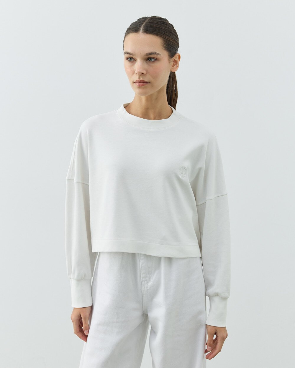 Penye İnterlok Crop Kısa Bluz Ekru - Aybikestil