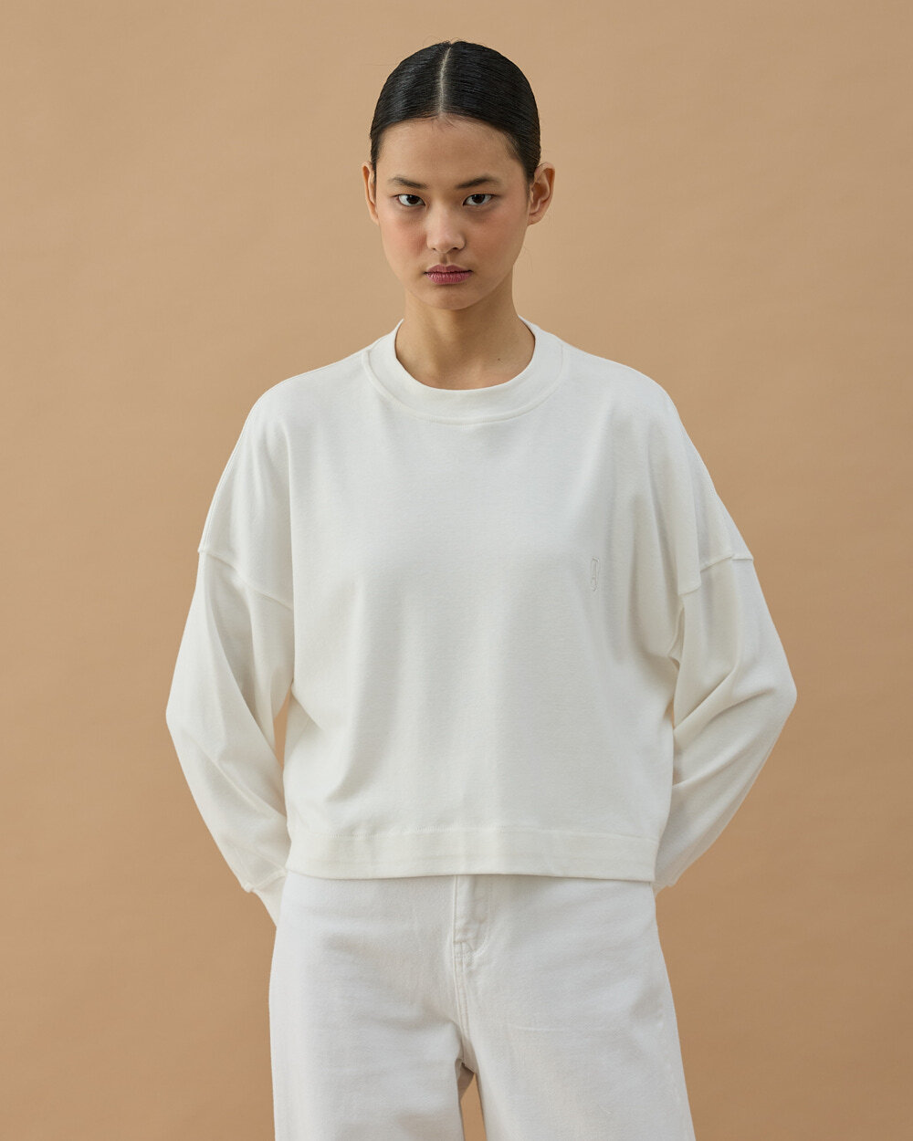 Penye İnterlok Crop Kısa Bluz Ekru - Aybikestil