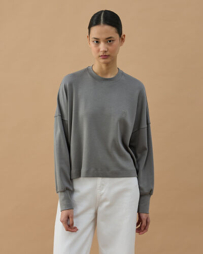 Penye İnterlok Crop Kısa Bluz Gri 