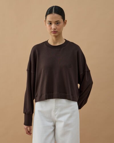 Penye İnterlok Crop Kısa Bluz Kahve 