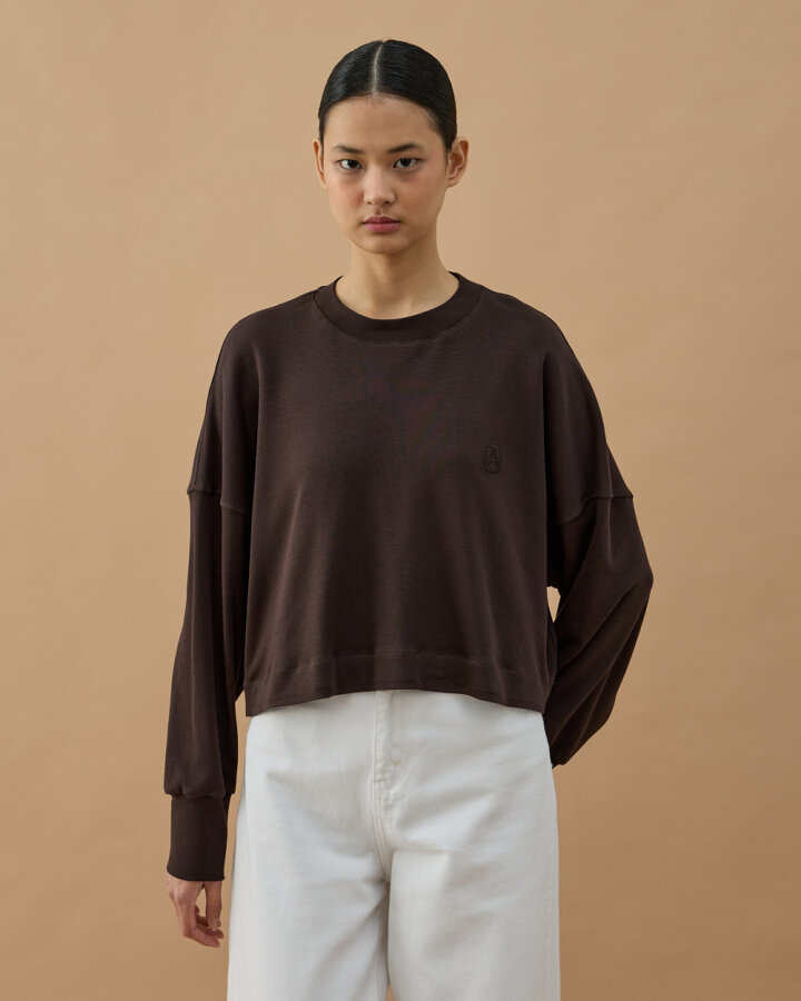 Penye İnterlok Crop Kısa Bluz Kahve