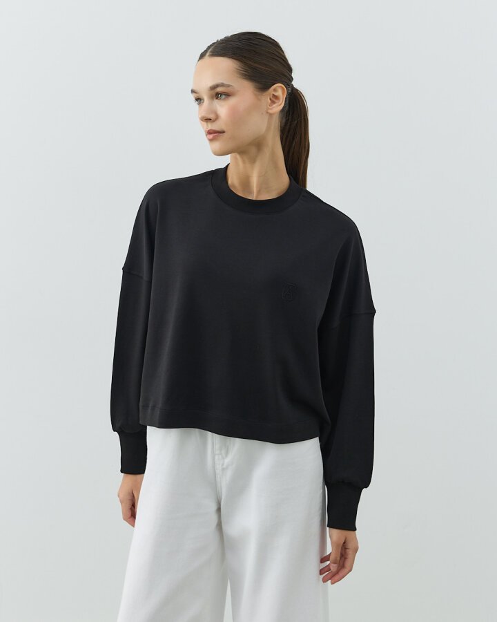 Penye İnterlok Crop Kısa Bluz Siyah