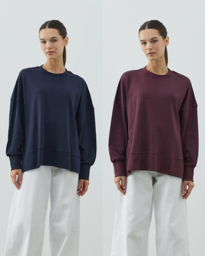 Penye İnterlok Fresh Yırtmaçlı Bluz 2'li Lacivert-Mürdüm 