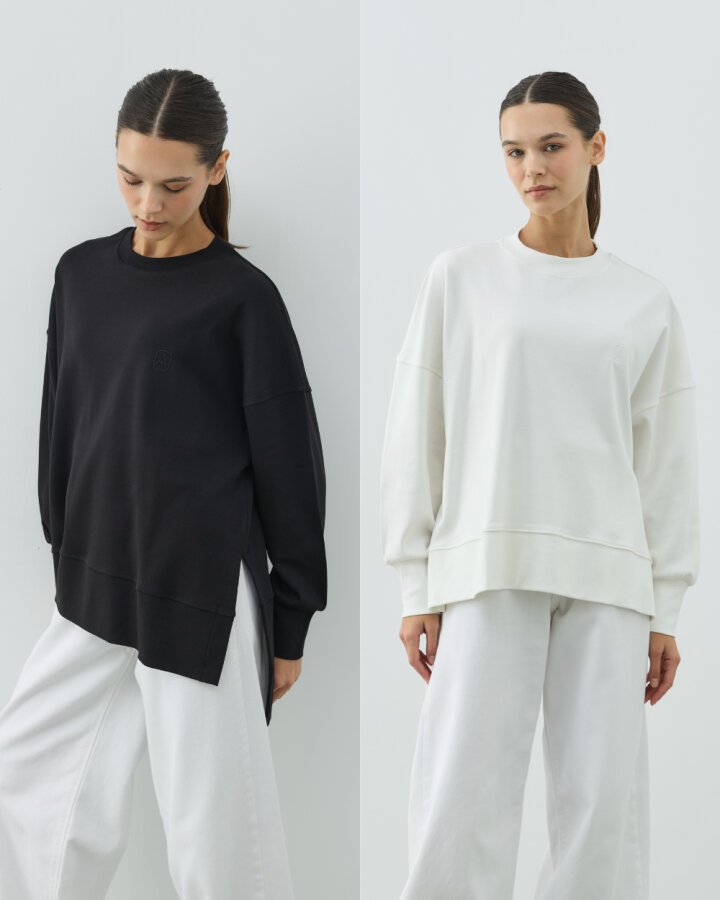 Penye İnterlok Fresh Yırtmaçlı Bluz 2'li Siyah-Ekru