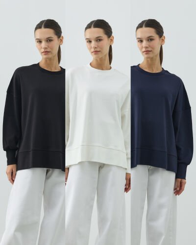 Penye İnterlok Fresh Yırtmaçlı Bluz 3'lü Siyah-Ekru-Lacivert 