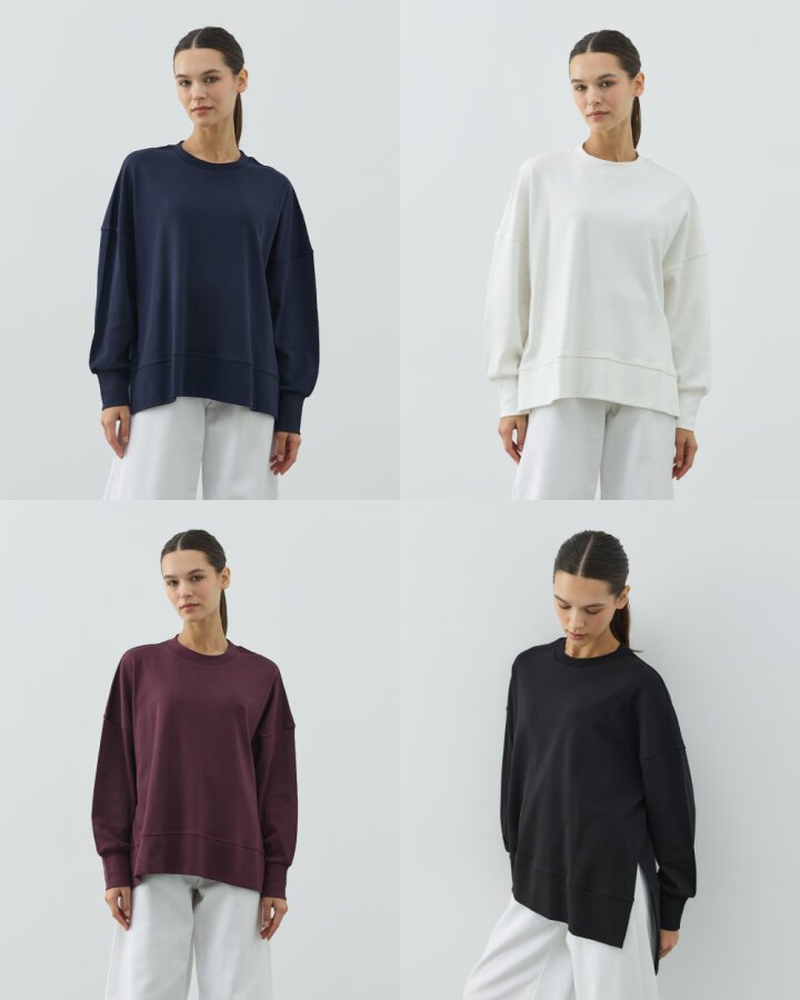 Penye İnterlok Fresh Yırtmaçlı Bluz 4'lü Ekru-Siyah-Lacivert-Mürdüm