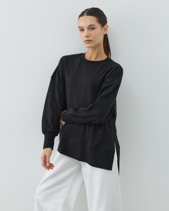 Penye İnterlok Fresh Yırtmaçlı Bluz Siyah - Aybikestil (1)