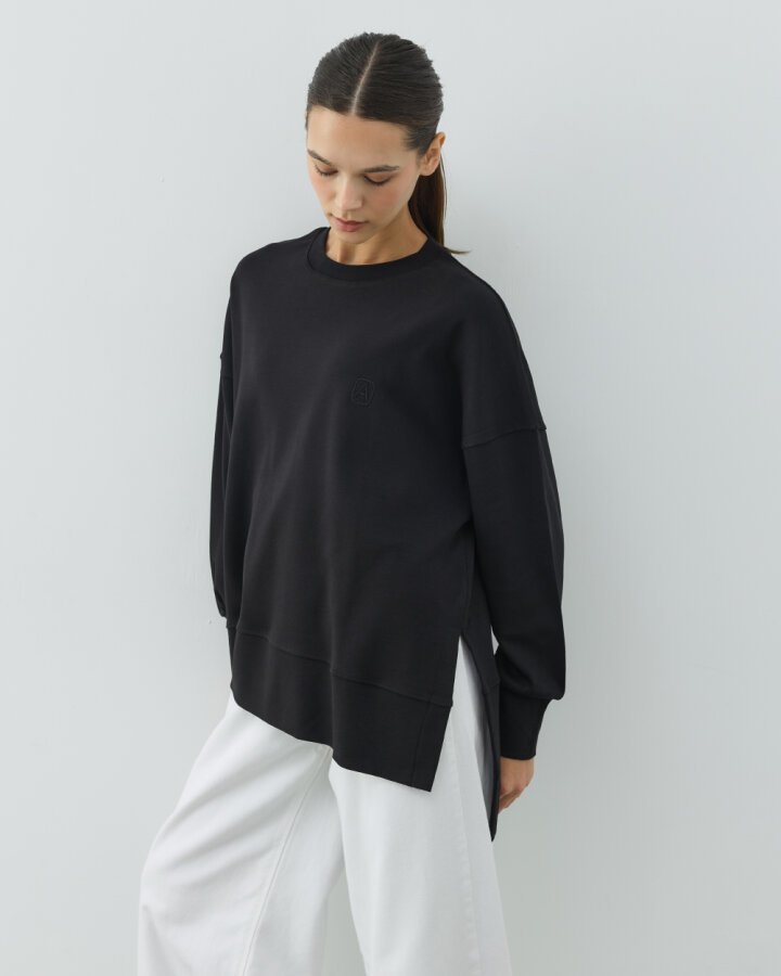 Penye İnterlok Fresh Yırtmaçlı Bluz Siyah