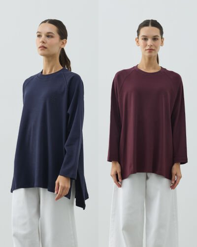 Penye İnterlok Relax Bluz 2'li Lacivert-Mürdüm 