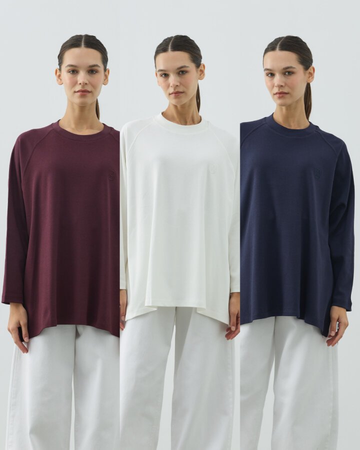 Penye İnterlok Relax Bluz 3'lü Ekru-Lacivert-Mürdüm