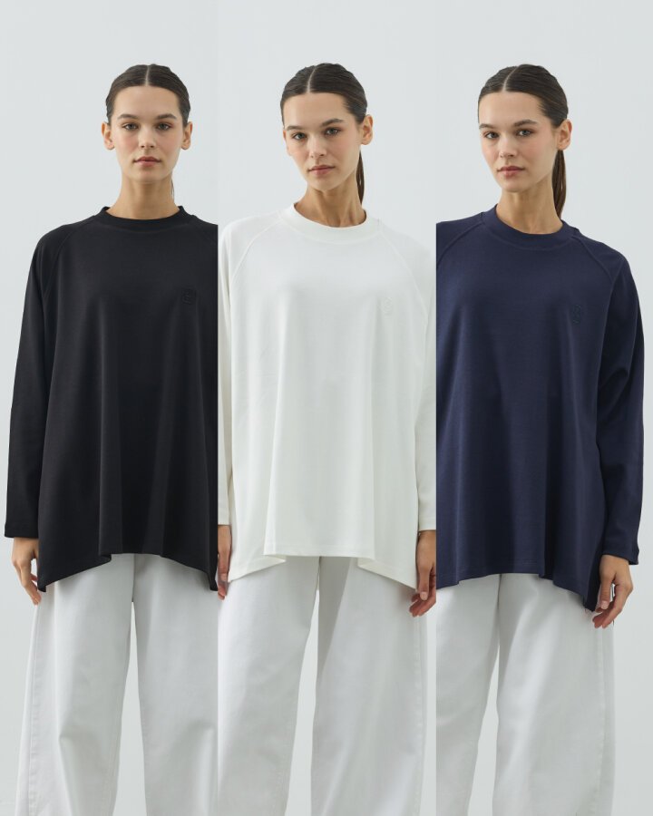 Penye İnterlok Relax Bluz 3'lü Siyah-Ekru-Lacivert