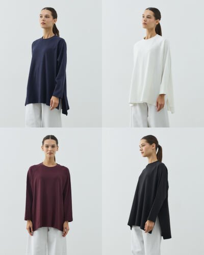 Penye İnterlok Relax Bluz 4'lü Ekru-Siyah-Lacivert-Mürdüm - Aybikestil