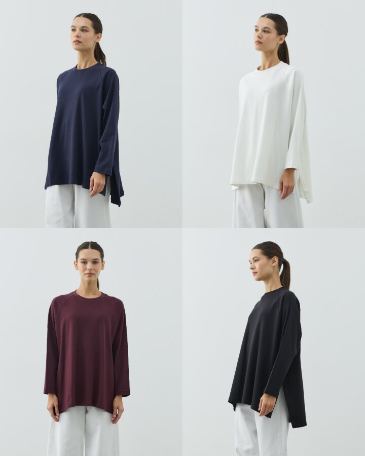 Penye İnterlok Relax Bluz 4'lü Ekru-Siyah-Lacivert-Mürdüm