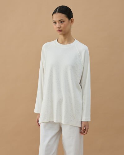 Penye İnterlok Taşlı Relax Bluz Ekru - Aybikestil (1)