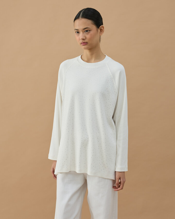 Penye İnterlok Taşlı Relax Bluz Ekru - Aybikestil (1)