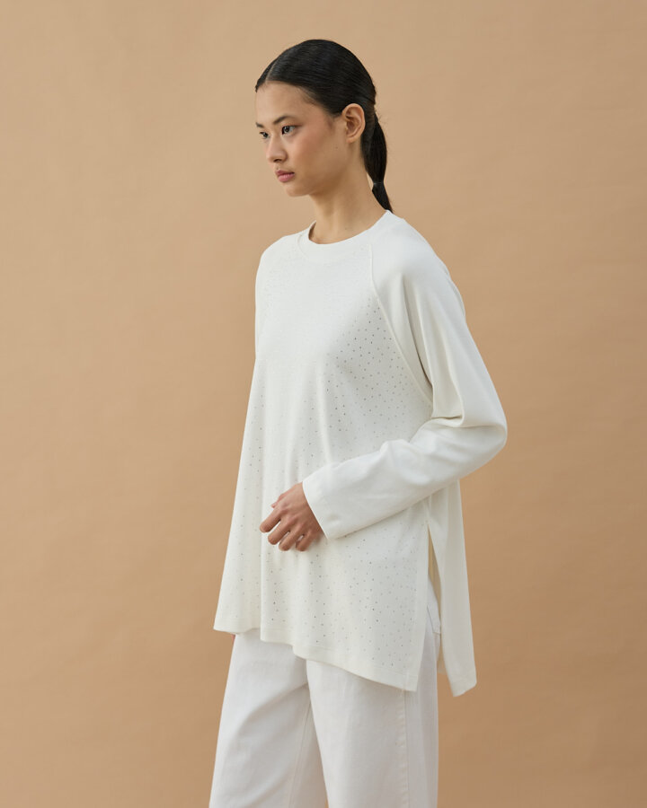 Penye İnterlok Taşlı Relax Bluz Ekru - Aybikestil