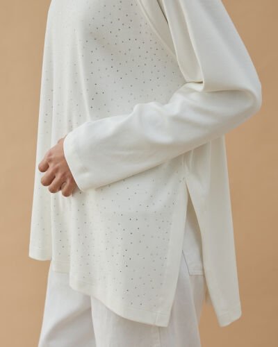 Penye İnterlok Taşlı Relax Bluz Ekru - Aybikestil