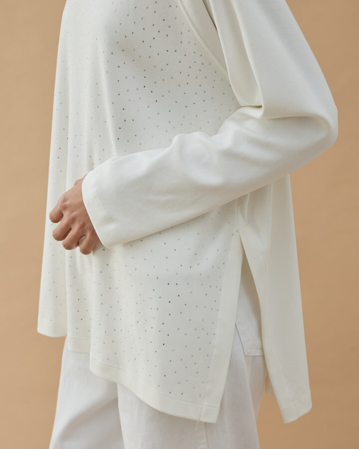 Penye İnterlok Taşlı Relax Bluz Ekru - Aybikestil (1)