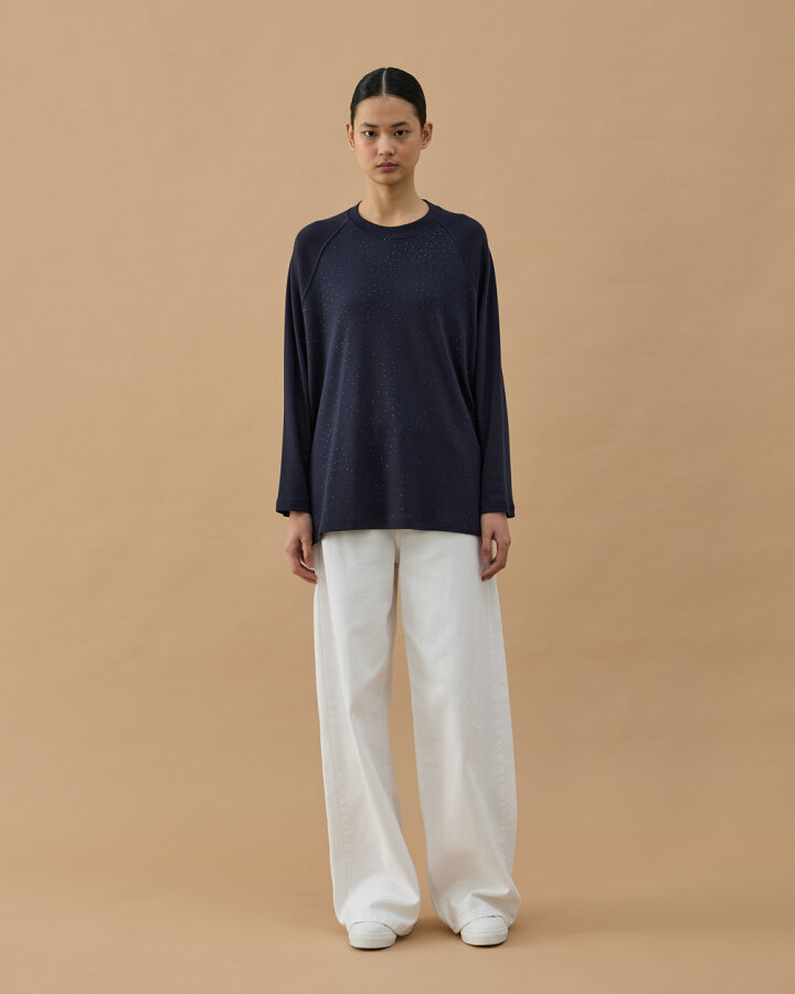 Penye İnterlok Taşlı Relax Bluz Lacivert - Aybikestil (1)