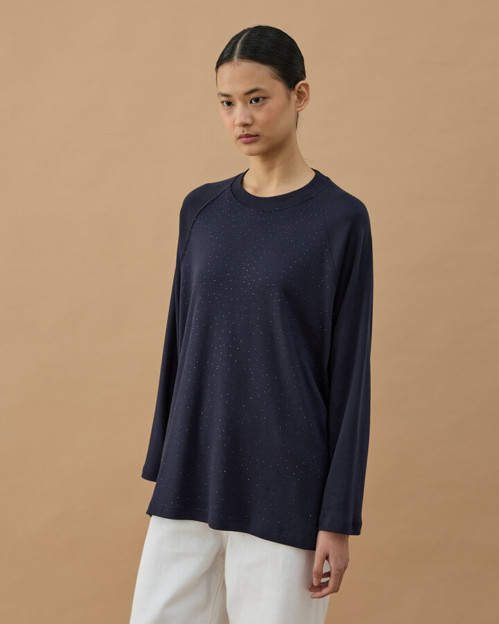 Penye İnterlok Taşlı Relax Bluz Lacivert - Aybikestil