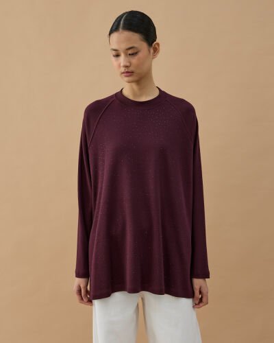 Penye İnterlok Taşlı Relax Bluz Mürdüm 