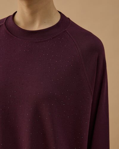 Penye İnterlok Taşlı Relax Bluz Mürdüm - Aybikestil